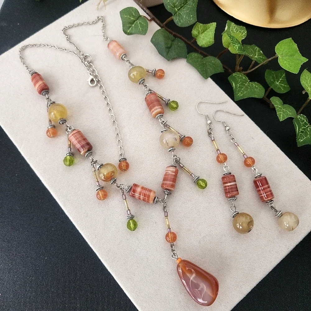 Silver with Natural Stone Necklace with Matching Earrings Set